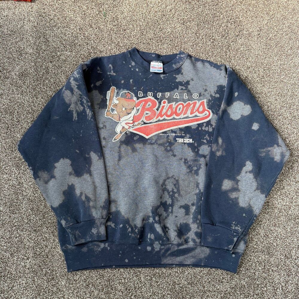 Vintage 1991 Buffalo Bisons Crewneck Sweatshirt Trench Bleach Dyed Acid Wash L